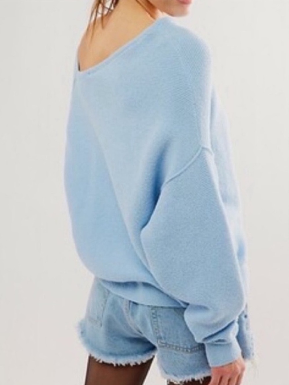 Free People Medium Sweater Ottoman Check Sweater Asymmetric Neck Clear Sky Blue